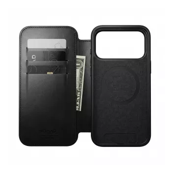 Nomad Modern Leather Folio iPhone 17 Pro — Black Horween ādas vāciņš