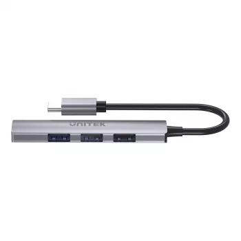 USB-C centrmezgls Unitek H1208B — 1x USB-A 5 Gbps, 3x USB-A 2.0, USB-C pieslēgums, alumīnija korpuss, 0.20 m kabelis
