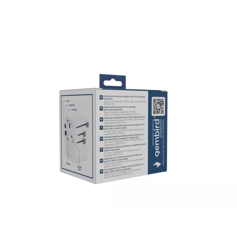 Ceļojumu adapteris GEMBIRD TPA-2A3C70-01-W — I tipa spraudnis, 3× USB-C (70W), 2× USB-A (18W), 100–250V, balts