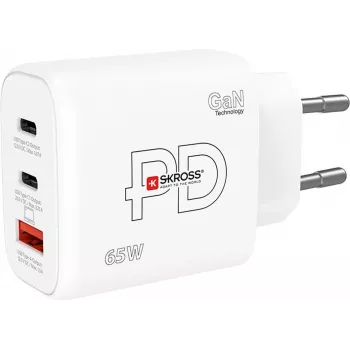 SKROSS Power Charger 65W PD GaN EU USB‑C 2x — lādētājs 65W, 2×USB‑C, EU kontaktdakša