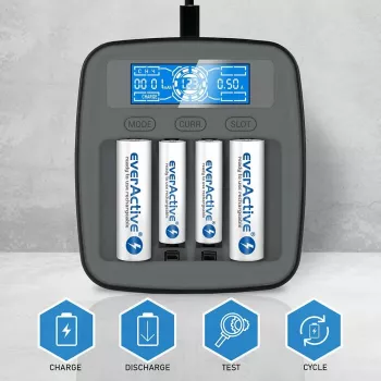 Lādētājs akumulatoriem everActive NC1000MV2 — Ni‑MH 4‑slot USB‑C lādētājs, 4 šūnas, 5V, melns, 110×99×38 mm