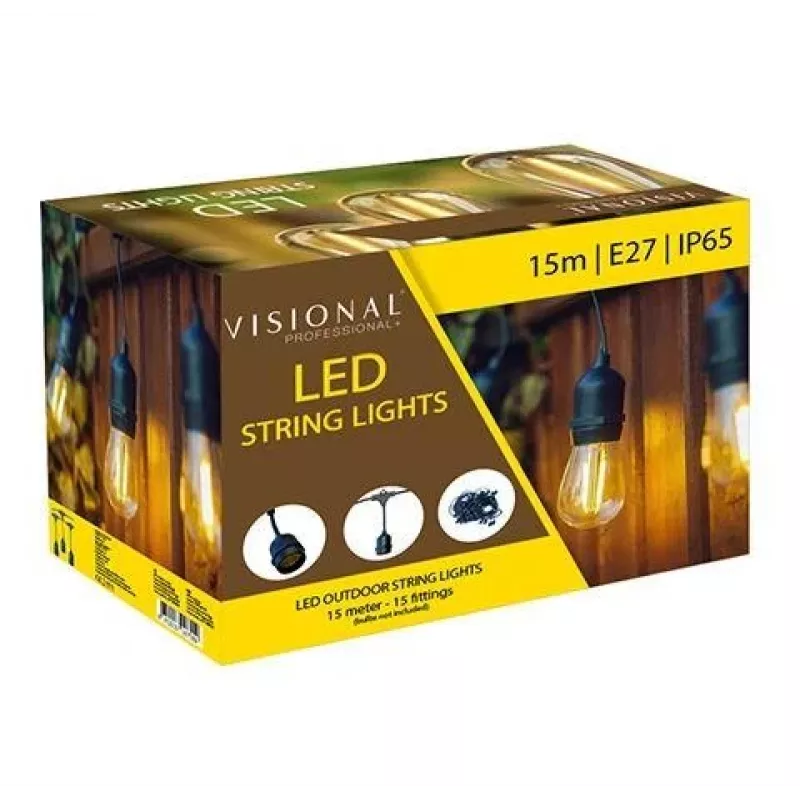 VISIONAL Dārza LED virtene ar 15 E27 ligzdām, 15 m garums, 1 m solis, melns kabelis (H05VV-F 2x0,75)