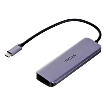 USB centrmezgls Unitek P5+ — 5 porti (4 × USB 3.2 Gen 2 Type-A), USB 3.2 Gen 1 hosts, 5 Gbit/s, 10 W PD, alumīnijs, pelēks