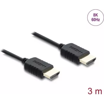 HDMI kabelis DELOCK 81683 — 3 m, HDMI Type A vīriešu–vīriešu, 48 Gbit/s, līdz 7680×4320, apzeltīti kontakti, melns