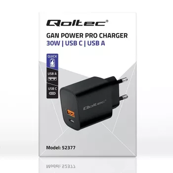 Strāvas adapteris QOLTEC 52377 GaN 30W izeja 5–20V portatīvām ierīcēm