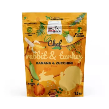 Sausā barība suņiem SYTA MICHA Chef trusis ar tītaru junior 1.5 kg — graudiņi kucēniem, 28% olbaltumvielu, 14% tauku