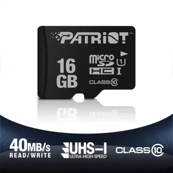PATRIOT PSF16GMDC10 microSDHC atmiņas karte — 16 GB, Class 10, UHS-I (U1), 80 MB/s, melna