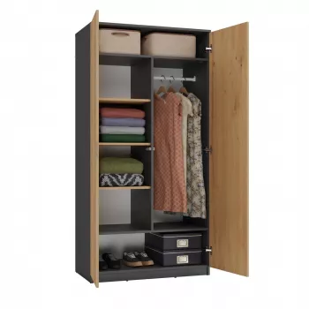 Skapis Top e shop SD-90 ANT/ART KPL — 2-durvju guļamistabas skapis, 7 plaukti, 900×500×1800 mm