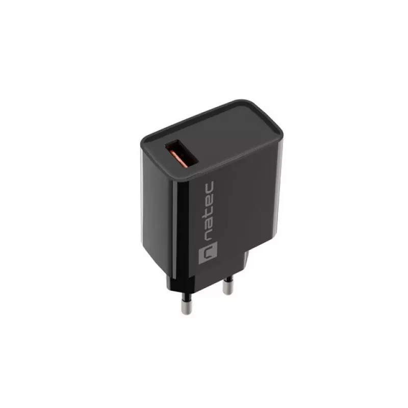Natec Ribera NUC-2058 tīkla lādētājs, 18 W, 1x USB-A, līdz 3 A, Quick Charge 3.0, Samsung AFC, Huawei FCP/SCP, melns