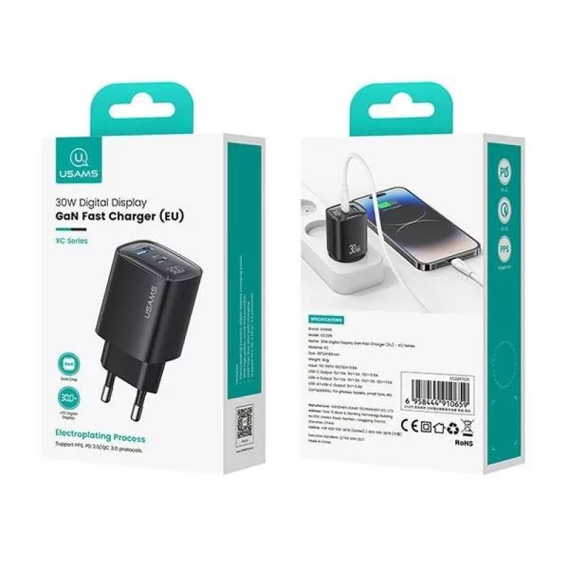 usams CC229 30W GaN ātrais lādētājs balts — USB un USB-C, LED indikators
