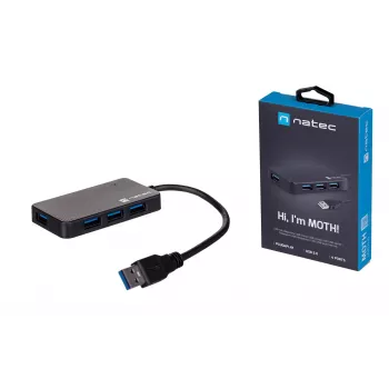 USB centrmezgls NATEC Moth 4-portu USB 3.2 Gen 1 Type-A (5000 Mbit/s), USB barots, melns, 0,15 m kabelis