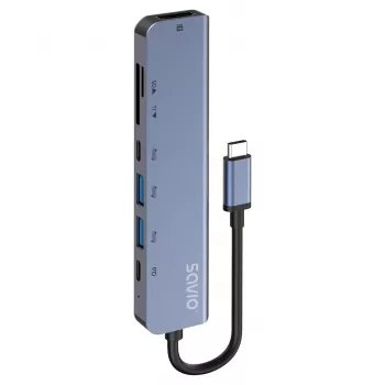 USB Type-C centrmezgls SAVIO AK-82 ar HDMI, MicroSD, USB 3.2 Gen1, PD caurlaidi, 4K@30Hz, 5000 Mbit/s, melns