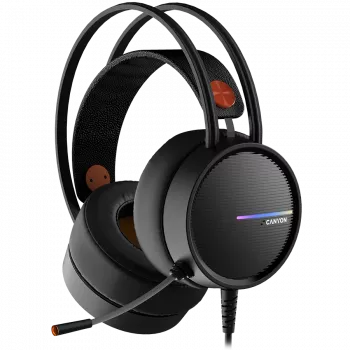 CANYON INTERCEPTOR GH-8A, Spēļu austiņas 3.5mm ligzda un USB LED fona apgaismojumam, regulējams mikrofons un skaļuma kontrole, ar 2in1 3.5mm adapteri, kabelis 2m, Melns un Oranžs