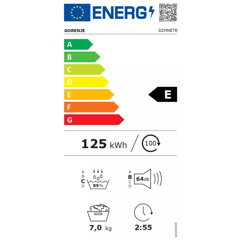 Gorenje žāvētājs D2HNE7E | Enerģijas klase E | Priekšējā ielāde | 7 kg | Siltumsūknis | LED | Dziļums 51 cm | Balts