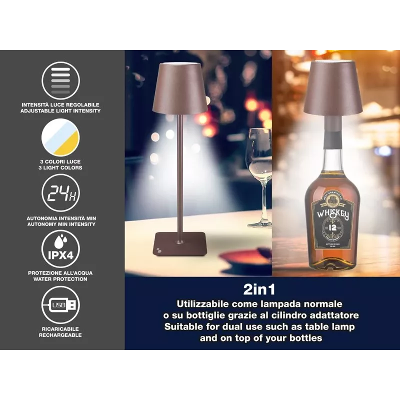 Beper P201UTP113 uzlādējams galda gaismeklis, skārienvadība, 2 W, 2000 mAh, Corten tērauds
