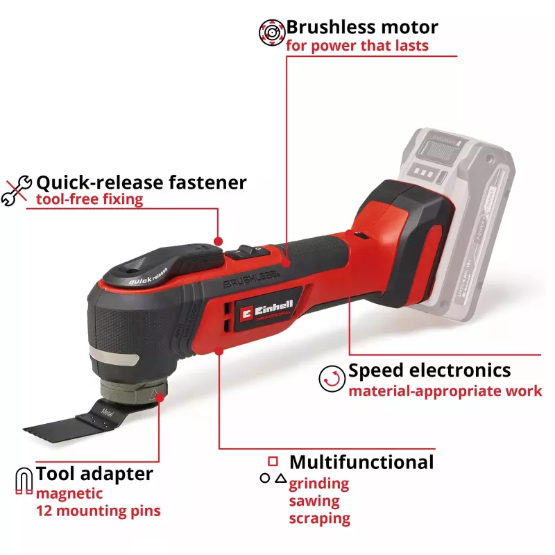 Einhell TP-MG 18 Li BL Solo Professional akumulatora daudzfunkciju instruments, 18 V, bezsuku, līdz 40 000 svārstību/min, bez akumulatora un lādētāja, ar piederumiem, sarkans/melns