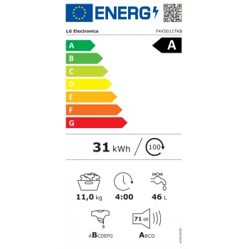 LG veļas mazgājamā mašīna F4X5011TKB, A, priekšējā ielāde, ietilpība 11 kg, dziļums 56.5 cm, 1400 apgr./min, LED, balta | LG