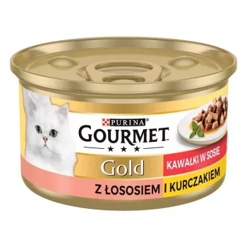 Purina GOURMET Gold mitrais kaķu barība pieaugušiem 85 g — Vistas un laša