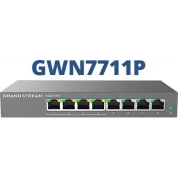 Pārvaldāms L2 Gigabit PoE tīkla slēdzis Grandstream GWN7711P — 8x RJ-45 10/100/1000, 48V DC, galda/sienas stiprinājums