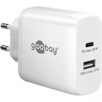 USB-C Dual-Fast lādētājs, PD, GaN, 65 W (Balts, 1x USB-C, 1x USB-A, Power Delivery)
