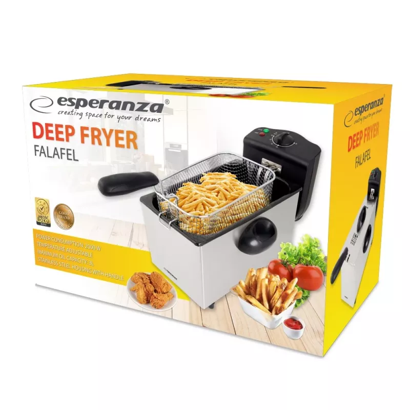 Fritieris ESPERANZA FALAFEL Single 3 L — nerūsējošā tērauda bļoda, 2200 W, regulējams termostats