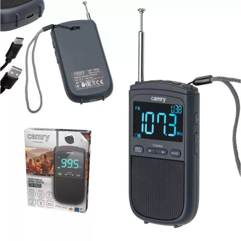 Camry CR 1905 pārnēsājamais mini radio ar modinātāju, melns