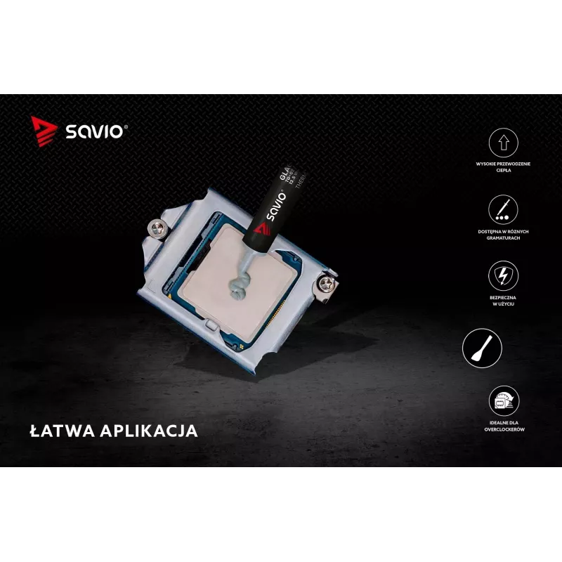 Termopasta SAVIO TG-03 1 g — 13,5 W/m·K, pelēka, ar aplikatoru un lāpstiņu