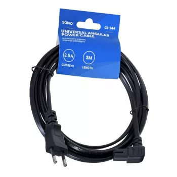 Strāvas kabelis SAVIO CL-144, 3 m, leņķveida 2-pin uz IEC Type E savienotāju, melns