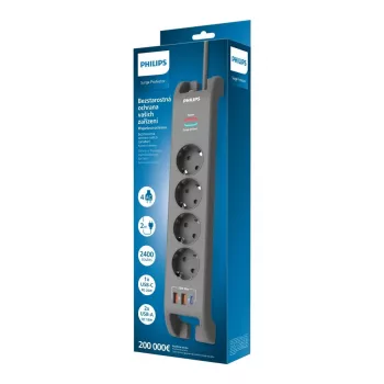 Philips 4 kontaktligzdu pārsprieguma aizsargs ar 2 m kabeli, 3×US