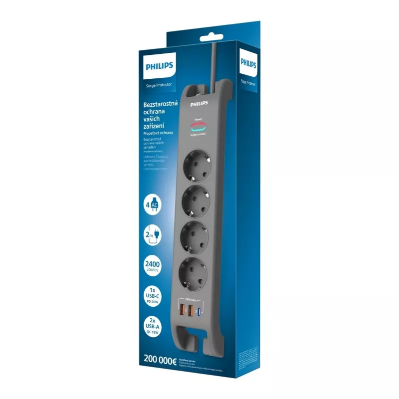 Philips 4 kontaktligzdu pārsprieguma aizsargs ar 2 m kabeli, 3×US