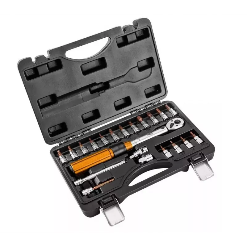 Neo Tools 1/4 divvirzienu griezes momenta atslēga, 5-25 Nm, 21 daļu komplekts