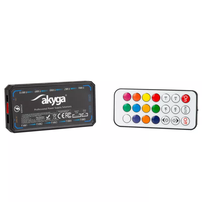 Akyga AK-CA-73 RGB ventilatoru kontrolieris ar tālvadības pulti, 12 pieslēgvietas (10 ventilatori + 2 LED lentes), Molex barošana