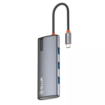 USB-C centrmezgls Tellur TLL321061 ar PD 3.0 100W, HDMI izvadu un 3× USB 3.0 portiem