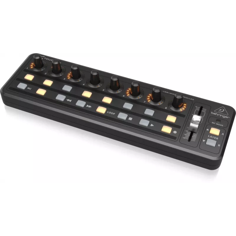 MIDI tastatūra USB Behringer X-TOUCH MINI, vadības elementi: pogas, rotējošie slīdņi, ripas