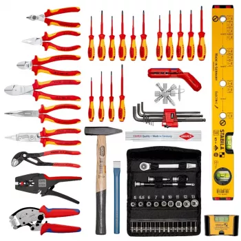 Mehāniķa instrumentu komplekts Knipex 00 21 06 — 68 instrumenti, iekļautas adatknaibles un ūdenssūkņa knaibles, sarkani/dzelteni instrumenti, melna kaste (515×438×265 mm)