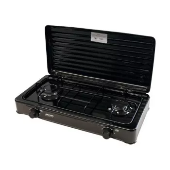 Mpm Kn-02/1kb portatīvā gāzes plīts Kempings 2 degļi emaljēts režģis aizsargvāks standarts G30-37 Mbar melna