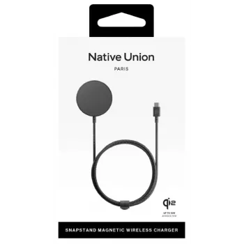 Bezvadu statīva lādētājs native union Snapstand Qi2 USB 1.5 m kabelis Melns