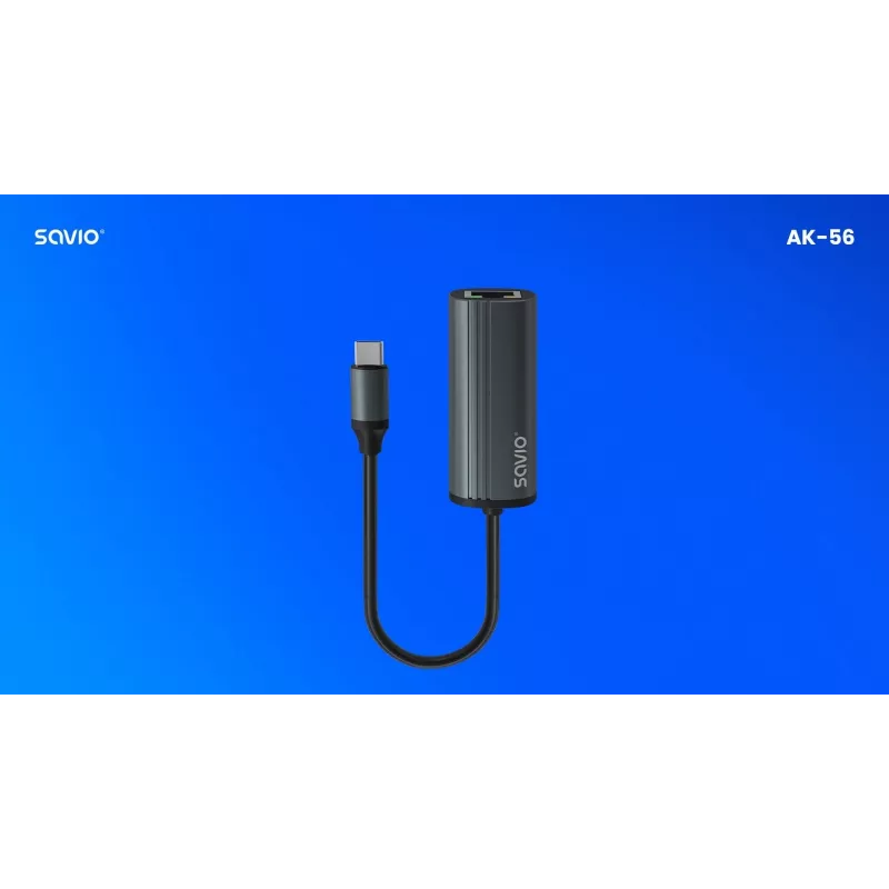 SAVIO AK-56 USB-C 3.1 Gen.1 (vīrietis) uz RJ-45 Gigabit Ethernet (sieviete), 1000 Mbps, pelēks