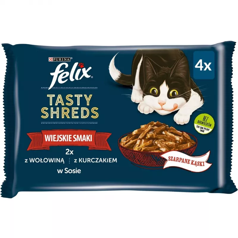 FELIX Tasty Shreds ar liellopu gaļu un vistu - 4x 80g