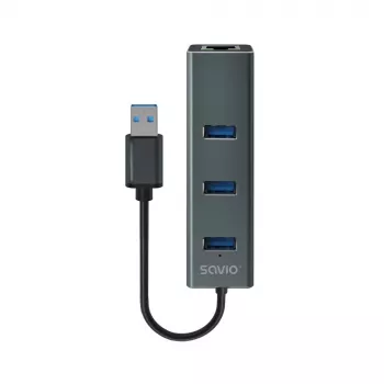 SAVIO USB-A centrmezgls ar RJ-45 Gigabit Ethernet AK-57 — 3× USB-A + RJ-45, USB 3.2 Gen 1 Micro‑B resursdators, 5 Gbit/s, 4 porti, pelēks