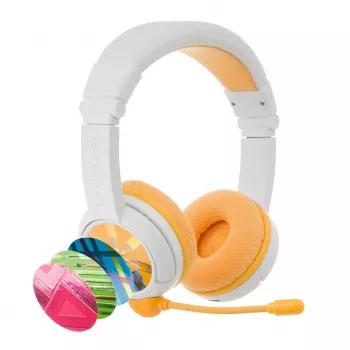 BuddyPhones School+ Bezvadu un vadu austiņas ar galvas saiti, zvaniem/mūzikai, USB Type-C, Bluetooth, Balta, Dzeltena