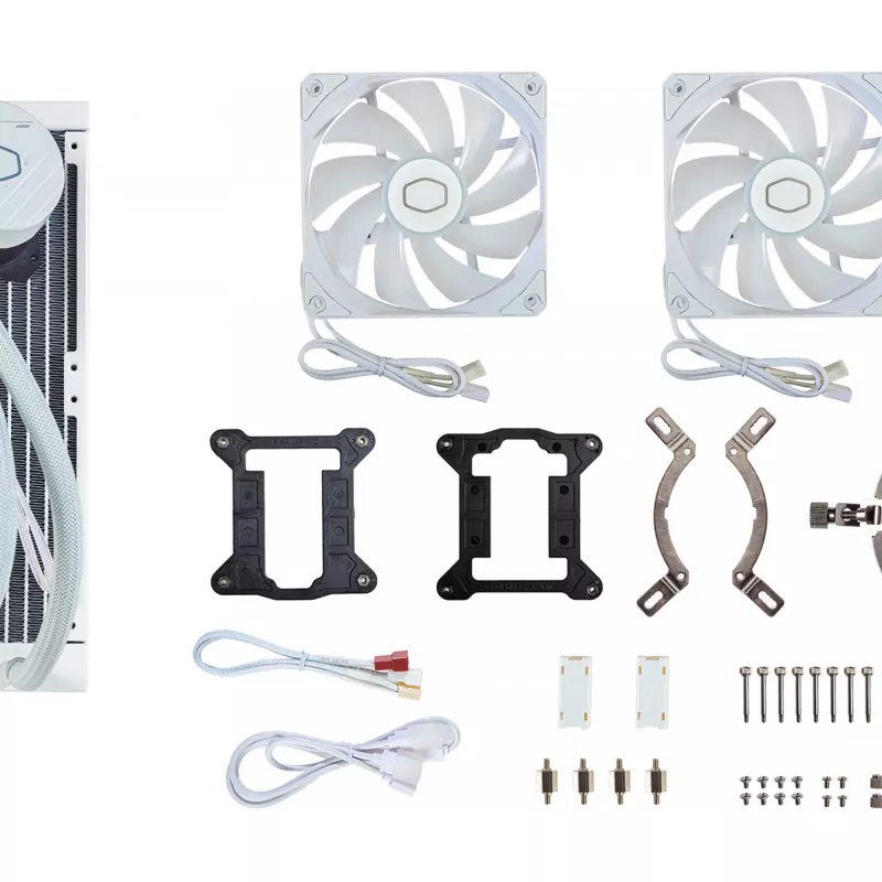 Šķidruma dzesēšanas komplekts Cooler Master MasterLiquid 240L Core ARGB White — 240 mm radiators, 120 mm ventilatori, atbalsta LGA1700/AM5/AM4 un vecākus ligzdas