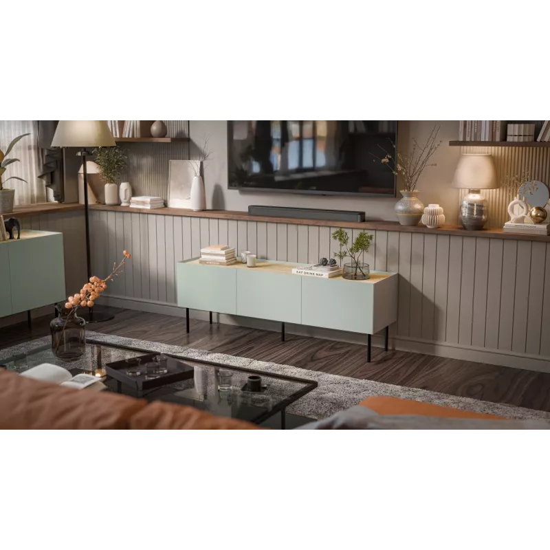 Cama FELLINI TV skapis 150x40x52 olīvzaļš + eļļota ozola virsma