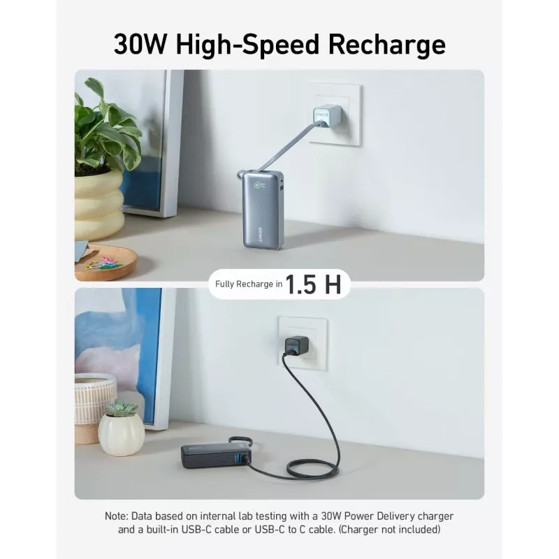 Anker Powerbank 545 NANO 30W 10000mAh ar iebūvētu USB-C kabeli, melna