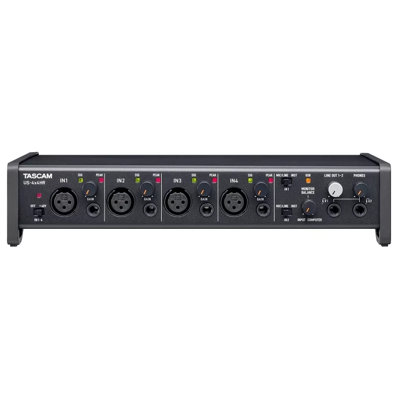 Audio interfeiss Tascam US-4X4HR – 4x XLR kombinētā ieeja, 4 analogās izejas, 56 dB mikrofona pastiprinātājs, 192 kHz, USB 2.0, galddators, melns