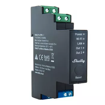 Shelly Pro 2PM — 2 kanālu viedais relejs ar jaudas mērīšanu, Wi-Fi, LAN un Bluetooth, 25A