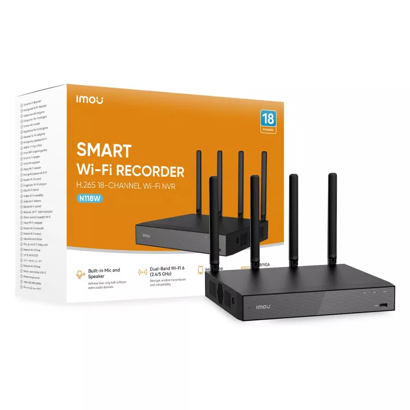Tīkla video ierakstītājs IMOU N118W Melns — 18 kanāli, 4 kanālu atskaņošana, 3840×2160 maks., divjoslu Wi-Fi, SATA līdz 16 TB