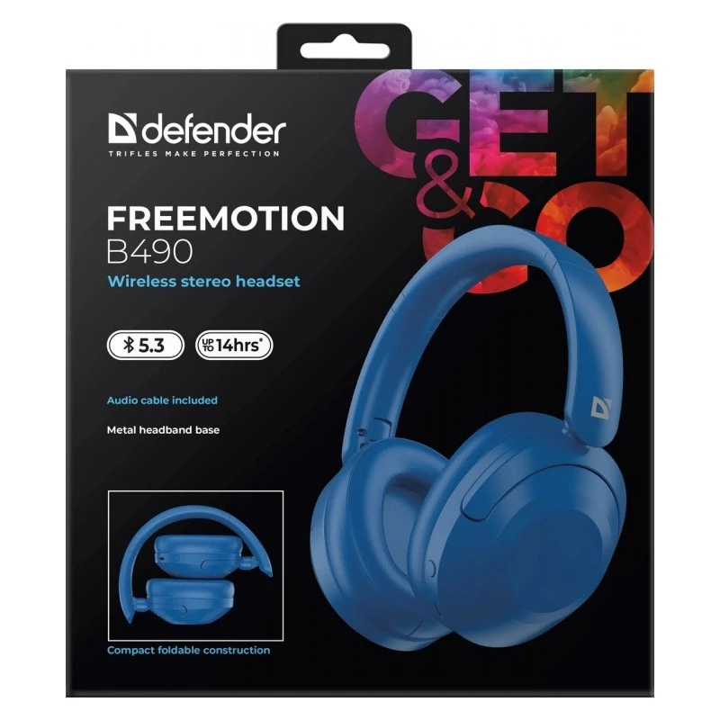 Bezvadu austiņas Defender Fre Emotion B490 — zilas, uz auss, Bluetooth, iebūvēts mikrofons