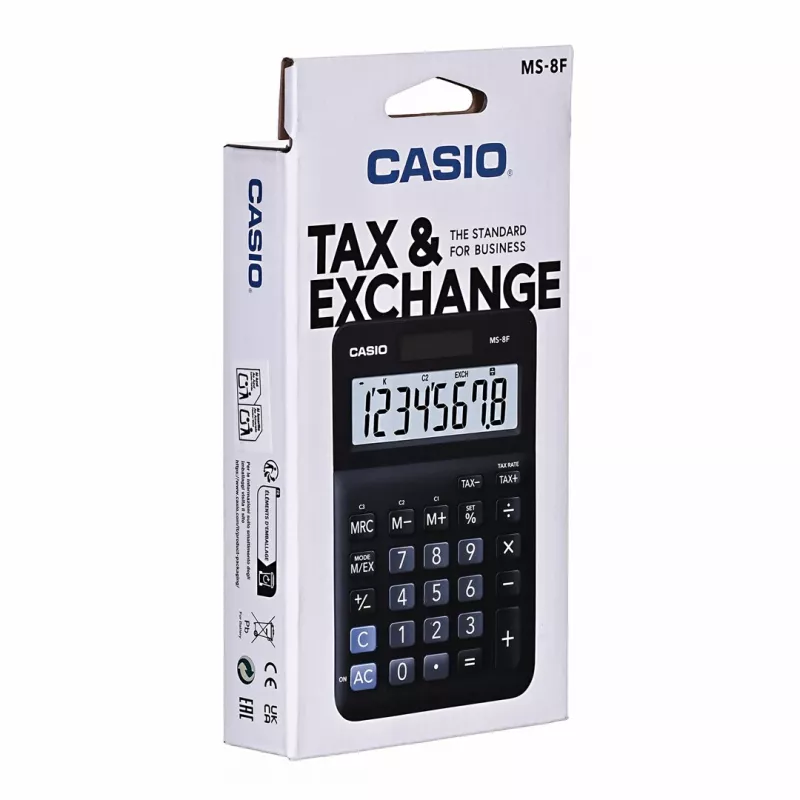 Casio MS-8F vienkāršs galda kalkulators, 8 cipari, baterija/saules enerģija, melns