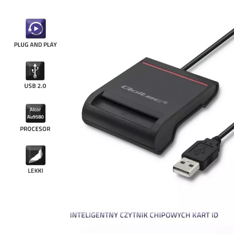 ID kartes skeneris QOLTEC Smart chip ID card scanner — USB, melns, 84.5×65×16 mm, 63 g